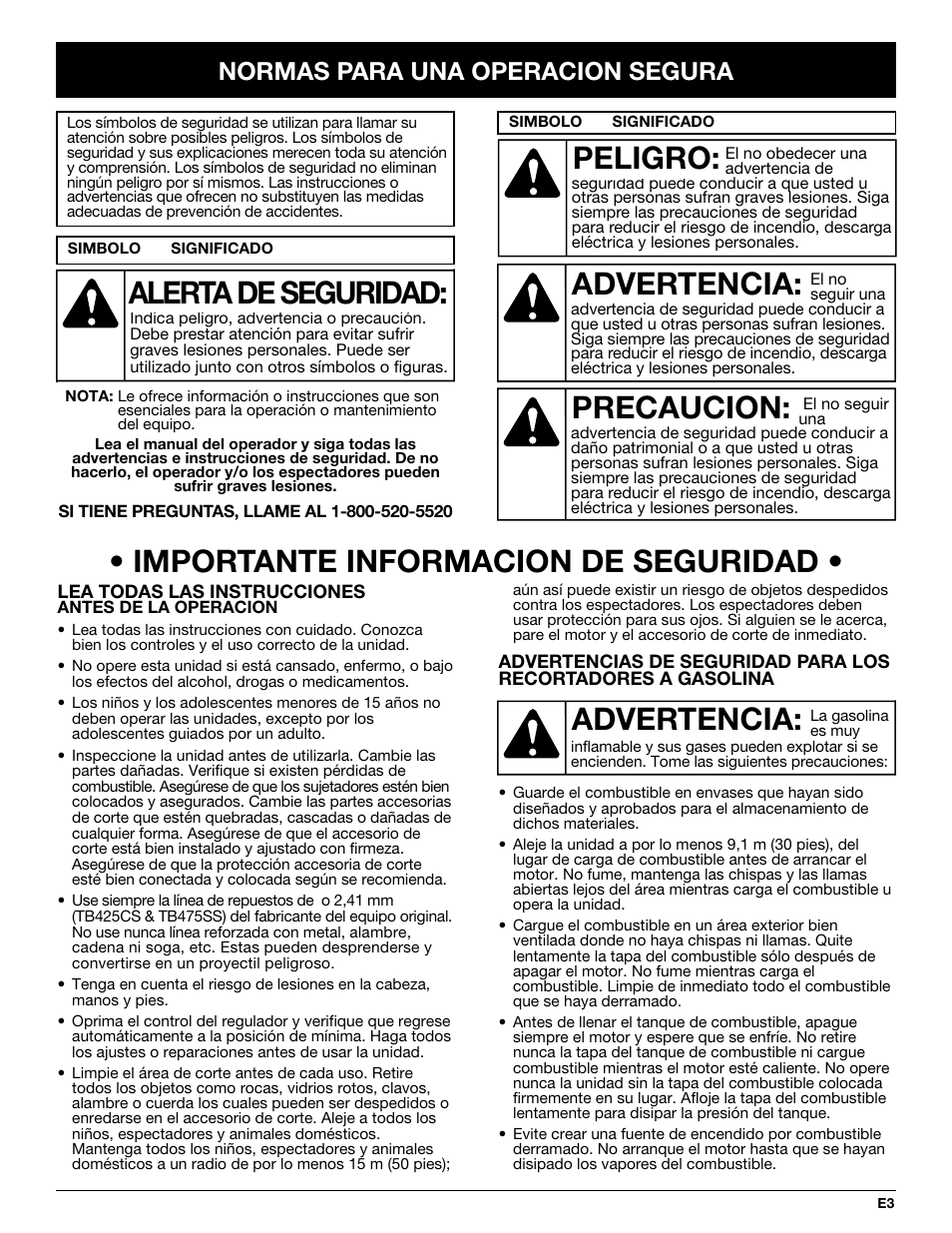 Advertencia, Peligro, Precaucion | Alerta de seguridad, Importante informacion de seguridad, Normas para una operacion segura | Troy-Bilt TB425CS User Manual | Page 55 / 82