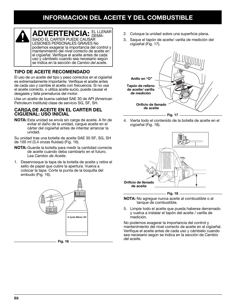 Advertencia, Informacion del aceite y del combustible | Troy-Bilt TB425CS User Manual | Page 60 / 82