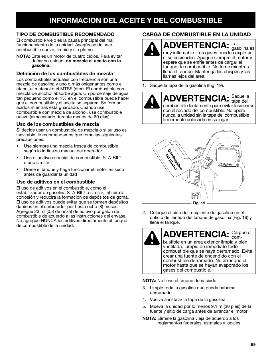 Advertencia, Informacion del aceite y del combustible | Troy-Bilt TB425CS User Manual | Page 61 / 82