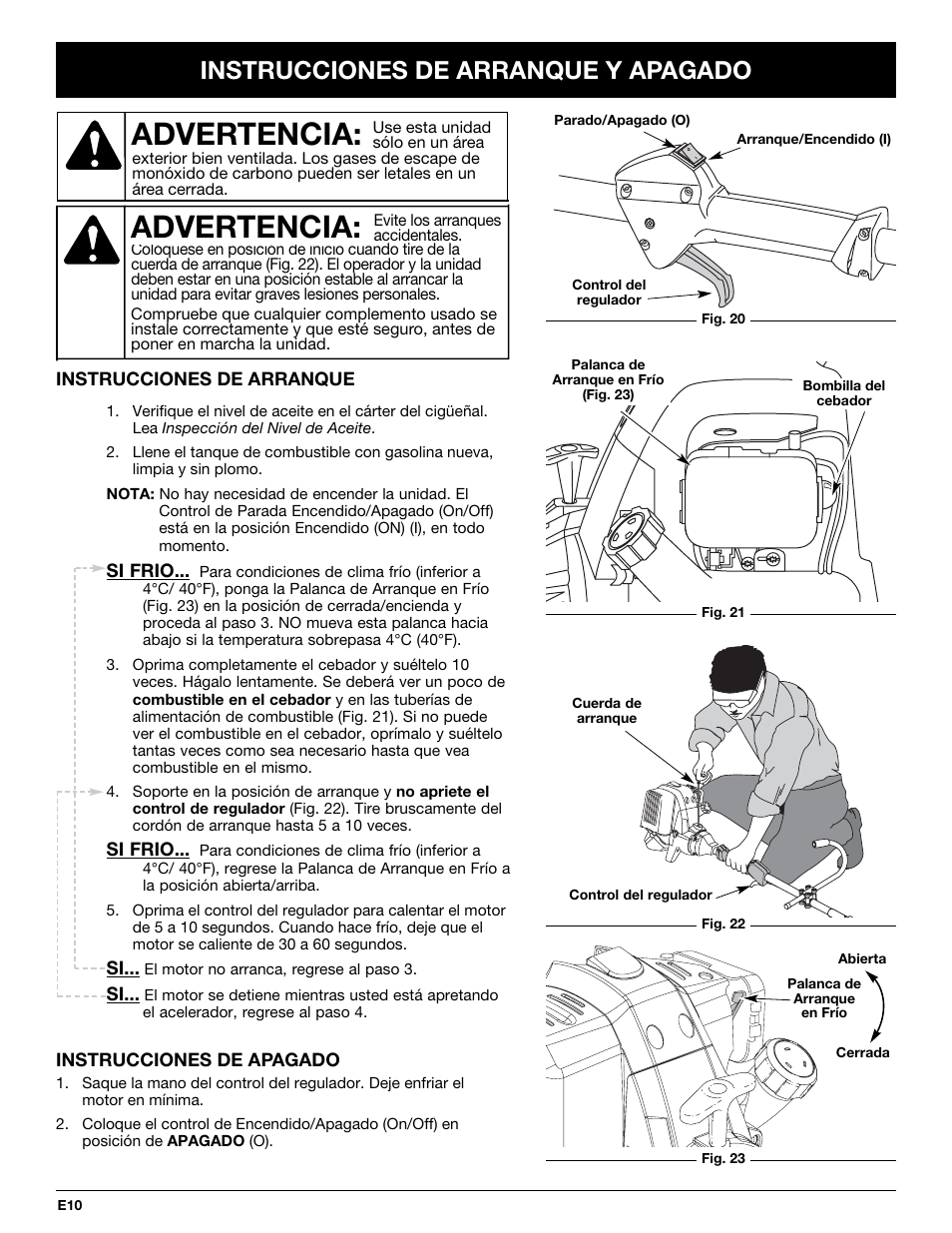 Advertencia, Instrucciones de arranque y apagado | Troy-Bilt TB425CS User Manual | Page 62 / 82