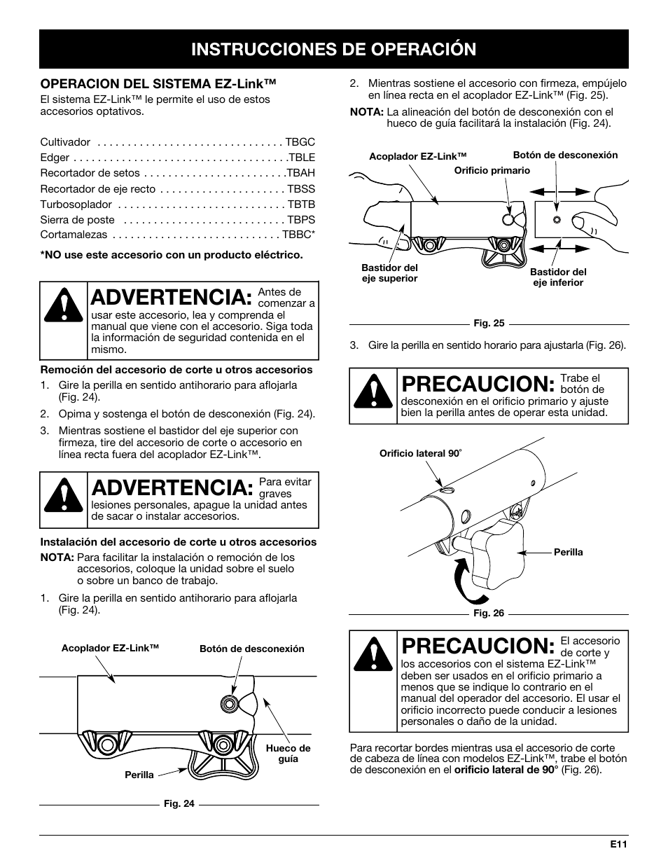 Precaucion, Advertencia, Instrucciones de operación | Troy-Bilt TB425CS User Manual | Page 63 / 82