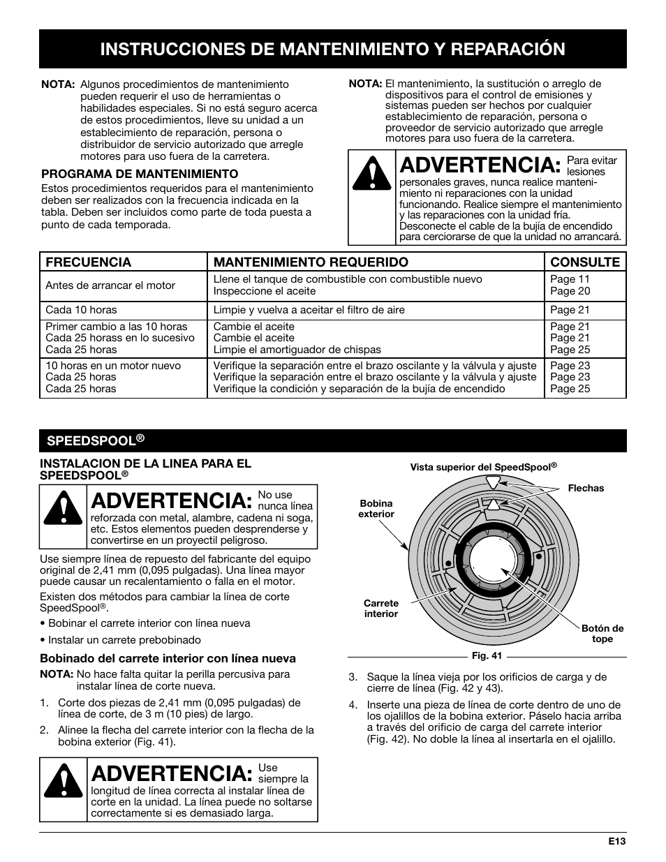 Advertencia, Instrucciones de mantenimiento y reparación | Troy-Bilt TB425CS User Manual | Page 65 / 82