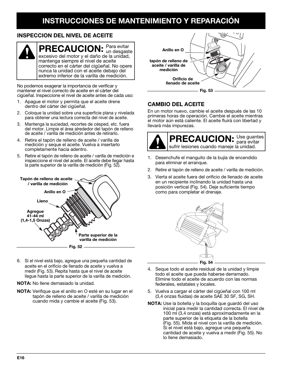 Precaucion, Instrucciones de mantenimiento y reparación | Troy-Bilt TB425CS User Manual | Page 68 / 82