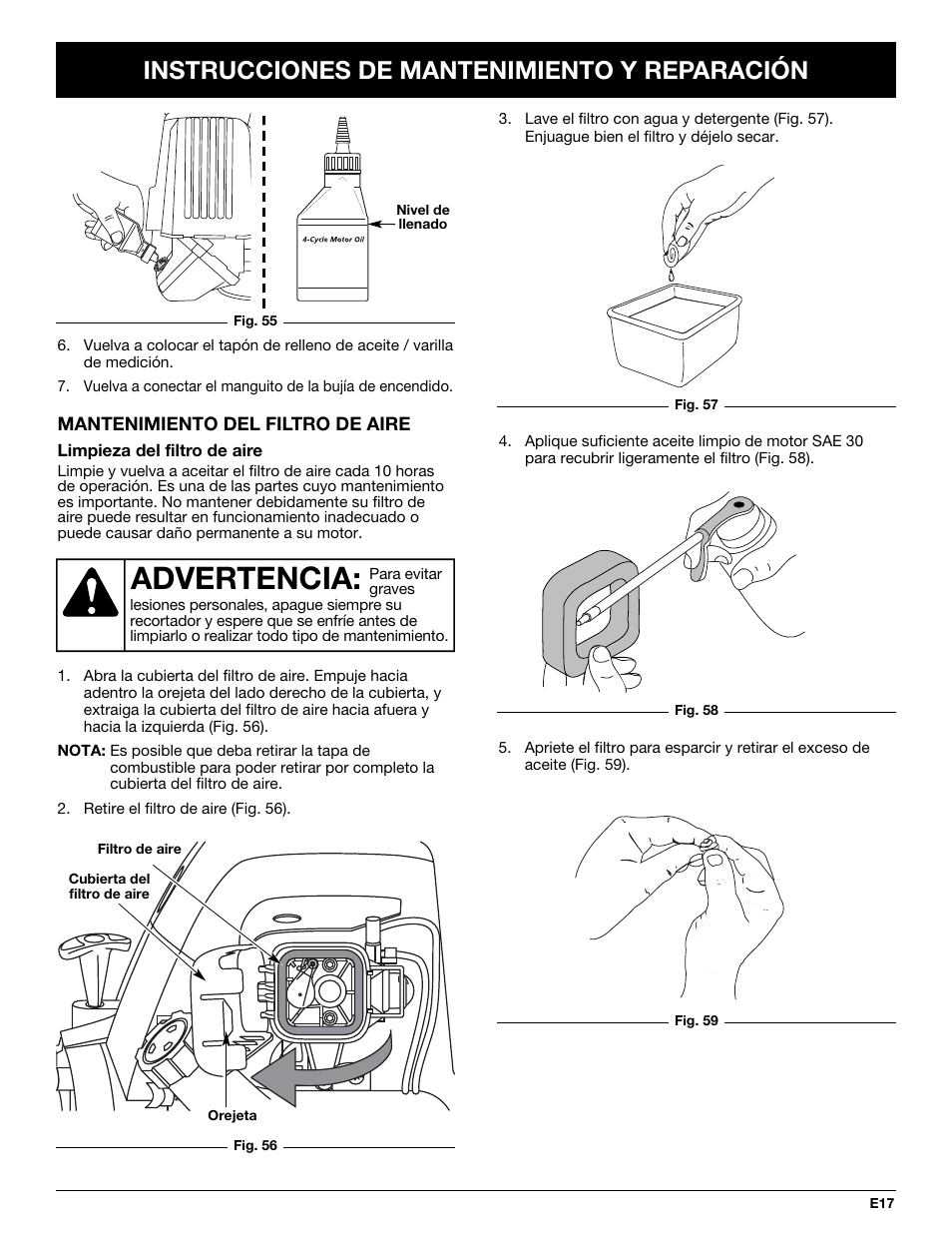Advertencia, Instrucciones de mantenimiento y reparación | Troy-Bilt TB425CS User Manual | Page 69 / 82