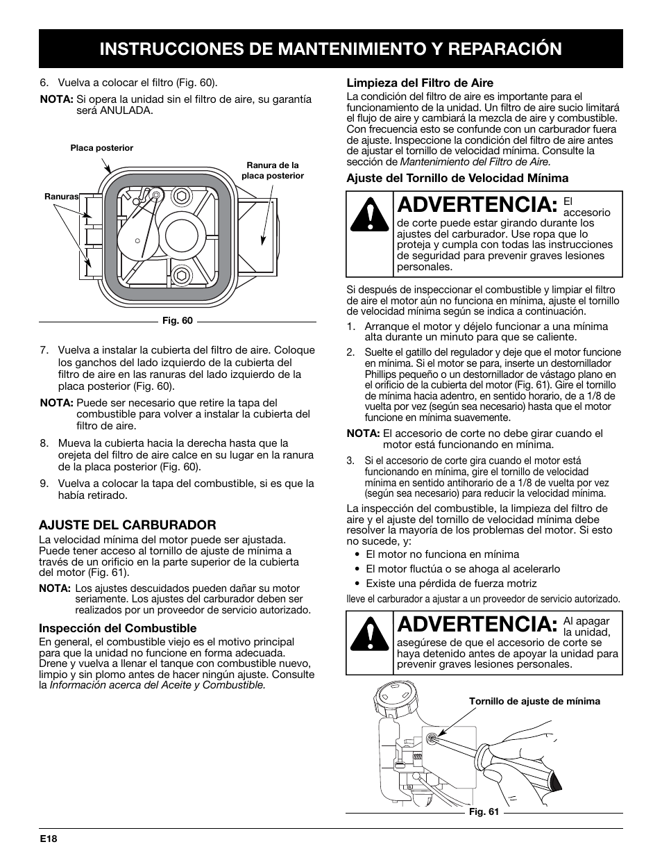 Advertencia, Instrucciones de mantenimiento y reparación | Troy-Bilt TB425CS User Manual | Page 70 / 82