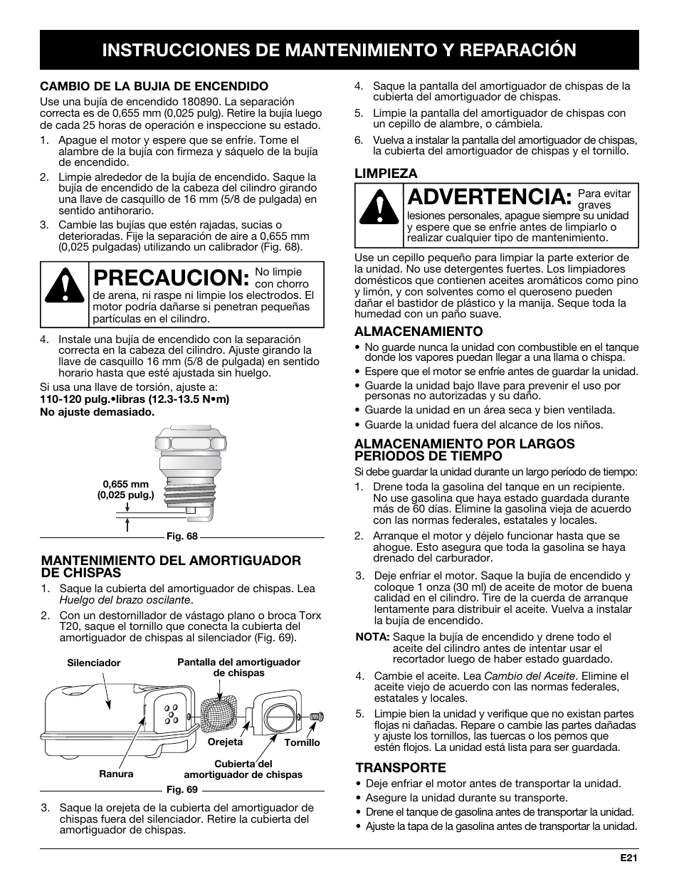 Advertencia, Precaucion, Instrucciones de mantenimiento y reparación | Troy-Bilt TB425CS User Manual | Page 73 / 82
