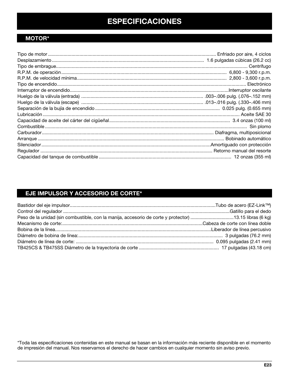 Especificaciones | Troy-Bilt TB425CS User Manual | Page 75 / 82