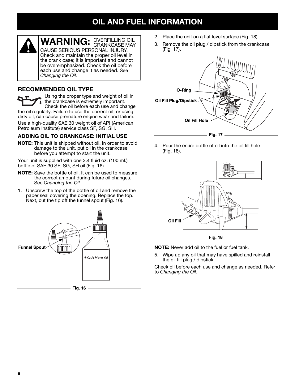 Warning, Oil and fuel information | Troy-Bilt TB425CS User Manual | Page 8 / 82