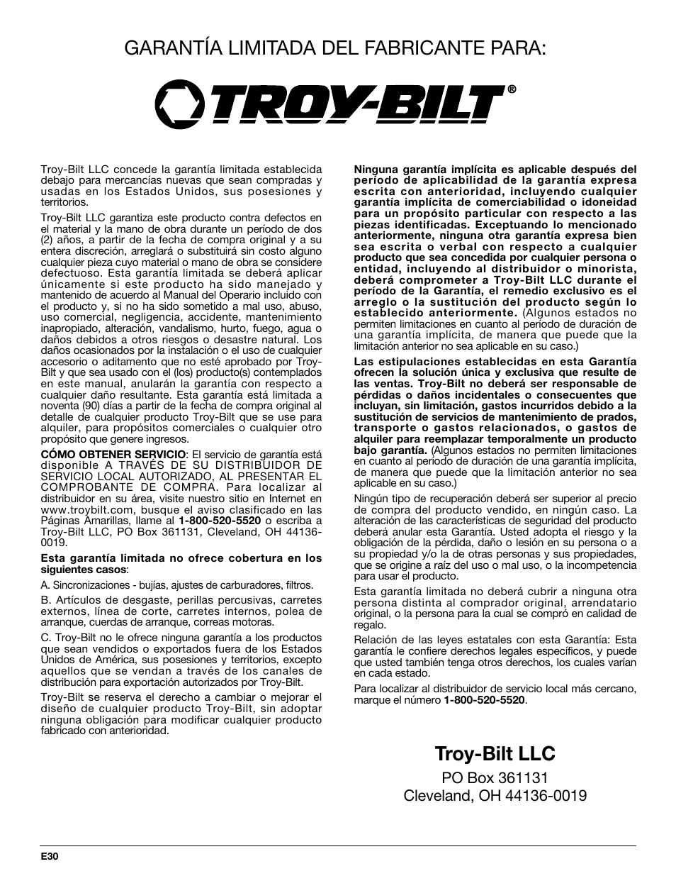 Garantía limitada del fabricante para, Troy-bilt llc | Troy-Bilt TB425CS User Manual | Page 82 / 82
