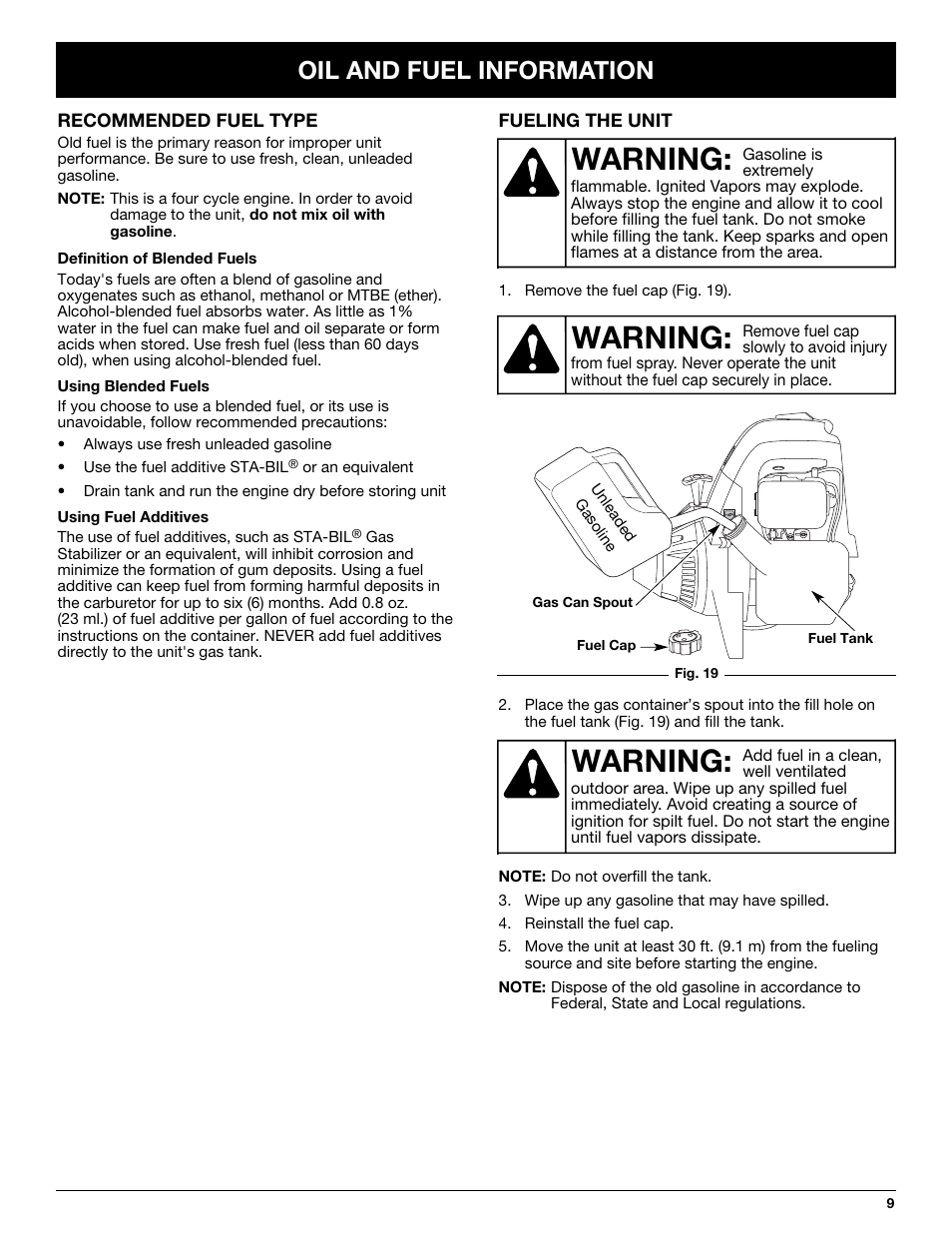 Warning, Oil and fuel information | Troy-Bilt TB425CS User Manual | Page 9 / 82