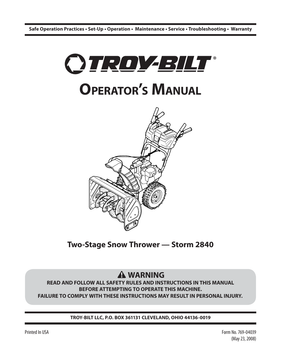 Troy-Bilt Storm 2840 User Manual | 52 pages