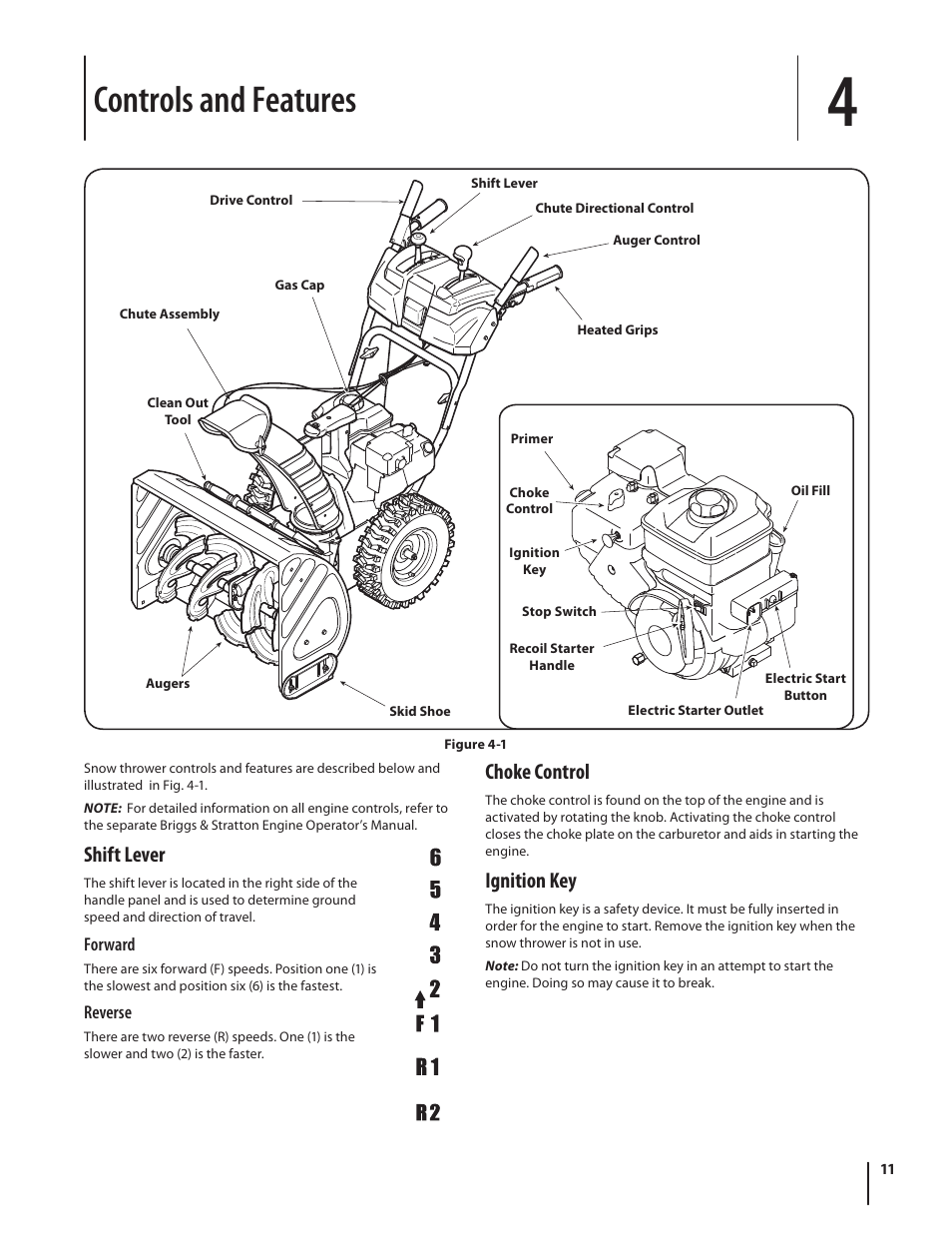 Controls and features, Shift lever, Choke control | Ignition key | Troy-Bilt Storm 2840 User Manual | Page 11 / 52