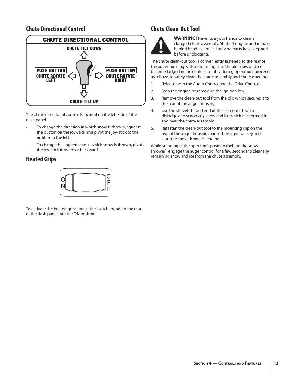 Chute directional control, Heated grips, Chute clean-out tool | Troy-Bilt Storm 2840 User Manual | Page 13 / 52