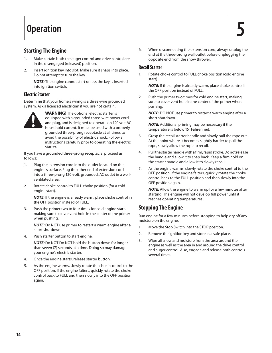 Operation, Starting the engine, Stopping the engine | Troy-Bilt Storm 2840 User Manual | Page 14 / 52