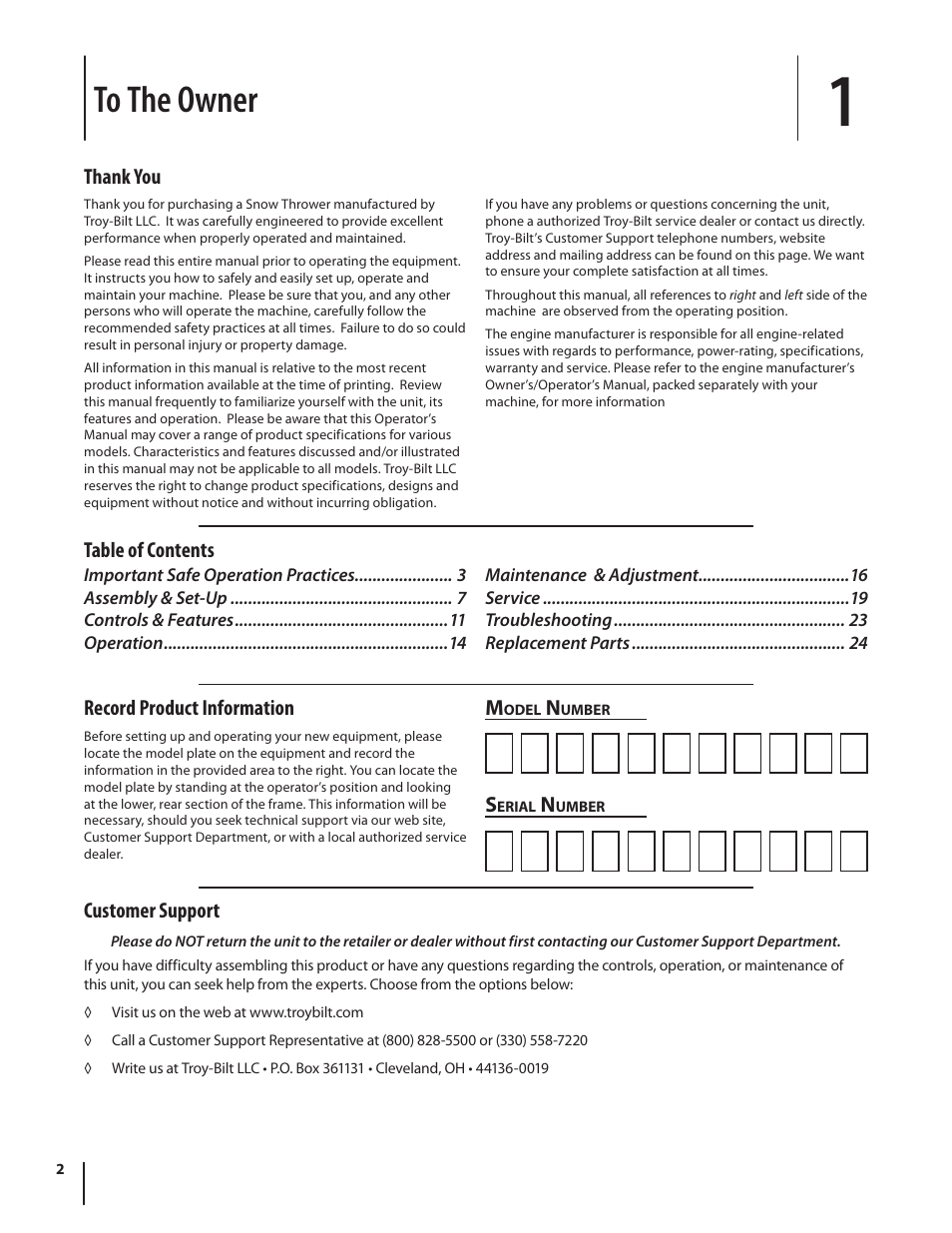Record product information, Table of contents m, Customer support | Troy-Bilt Storm 2840 User Manual | Page 2 / 52