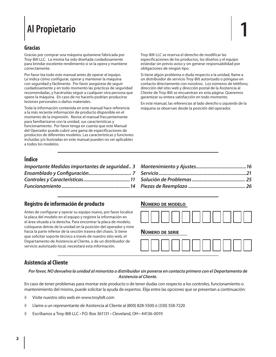 Al propietario, Asistencia al cliente, Gracias | Índice n, Registro de información de producto | Troy-Bilt Storm 2840 User Manual | Page 28 / 52