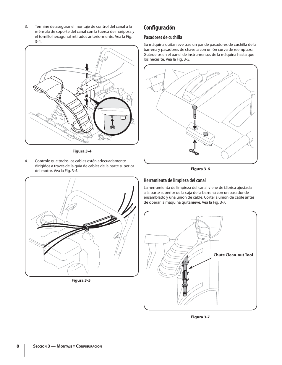 Configuración, Pasadores de cuchilla, Herramienta de limpieza del canal | Troy-Bilt Storm 2840 User Manual | Page 34 / 52