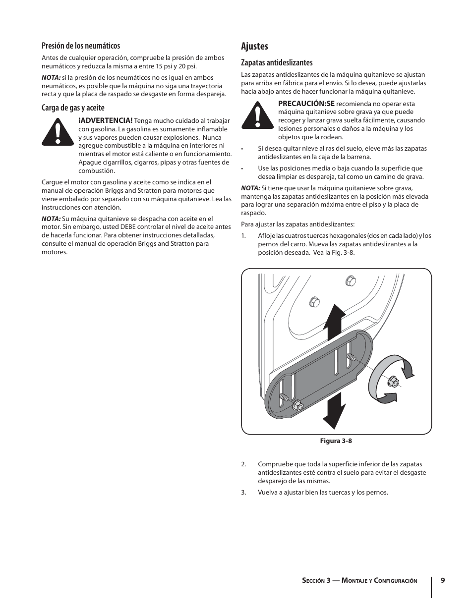 Ajustes, Presión de los neumáticos, Carga de gas y aceite | Zapatas antideslizantes | Troy-Bilt Storm 2840 User Manual | Page 35 / 52