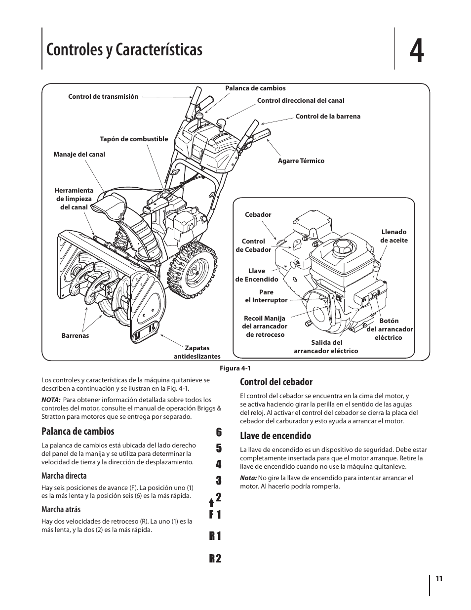 Controles y características, Palanca de cambios, Control del cebador | Llave de encendido | Troy-Bilt Storm 2840 User Manual | Page 37 / 52