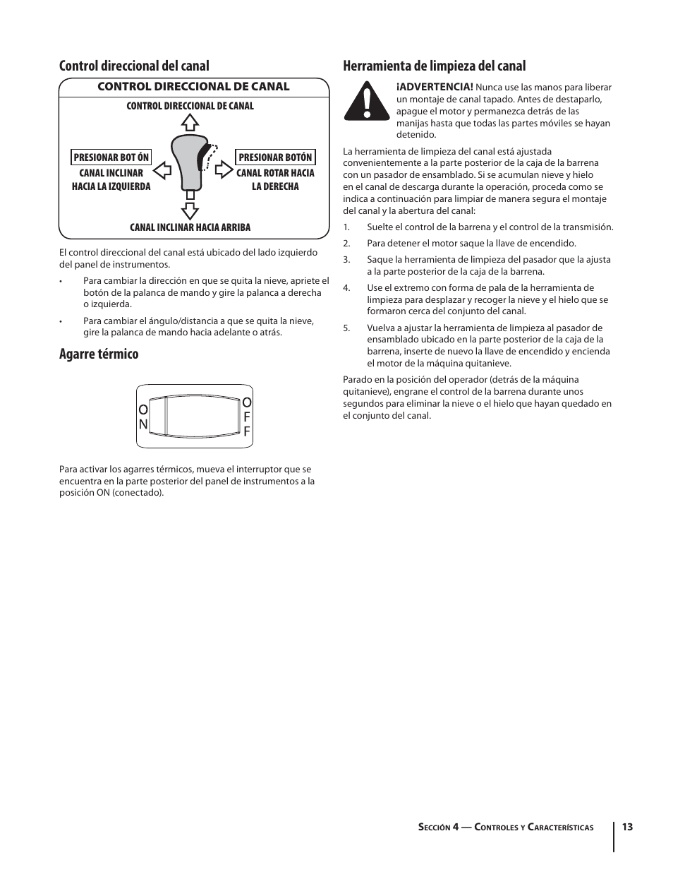 Control direccional del canal, Agarre térmico, Herramienta de limpieza del canal | Troy-Bilt Storm 2840 User Manual | Page 39 / 52