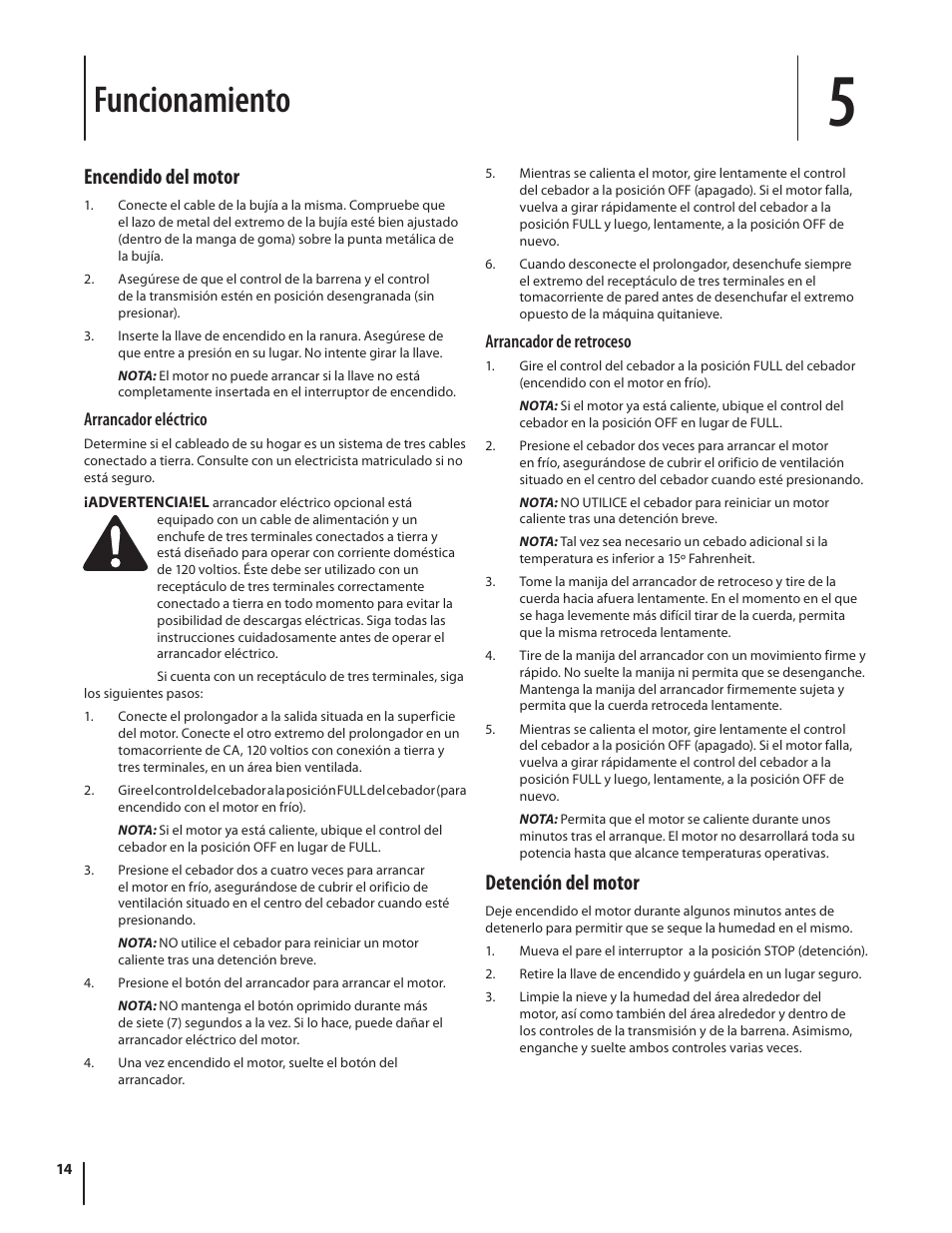 Funcionamiento, Encendido del motor, Detención del motor | Troy-Bilt Storm 2840 User Manual | Page 40 / 52