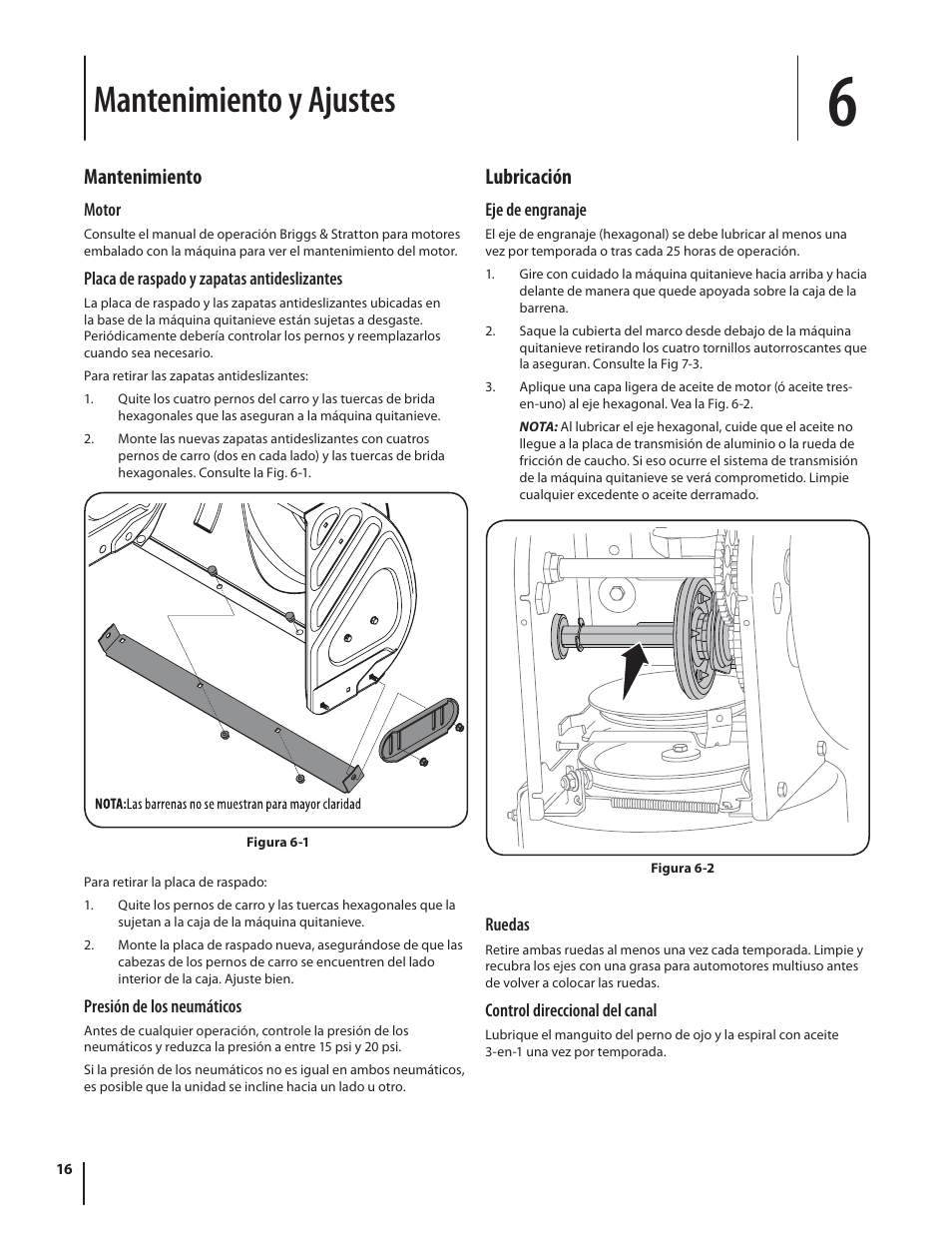 Mantenimiento y ajustes, Mantenimiento, Lubricación | Troy-Bilt Storm 2840 User Manual | Page 42 / 52