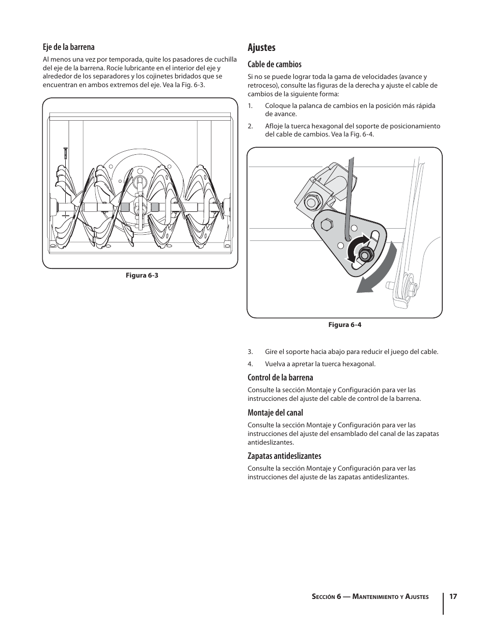 Ajustes, Eje de la barrena, Cable de cambios | Control de la barrena, Montaje del canal, Zapatas antideslizantes | Troy-Bilt Storm 2840 User Manual | Page 43 / 52