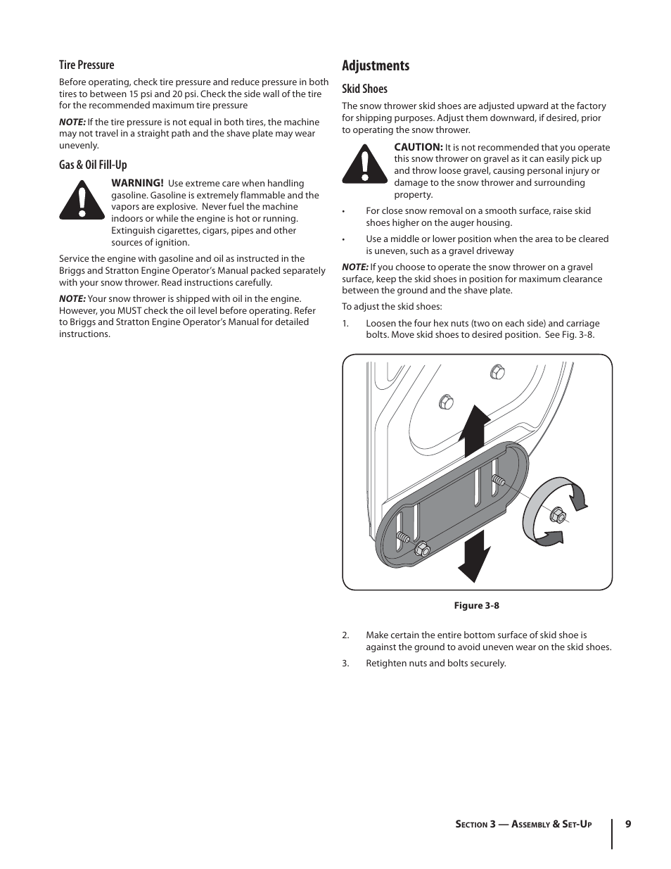 Adjustments, Tire pressure, Gas & oil fill-up | Skid shoes | Troy-Bilt Storm 2840 User Manual | Page 9 / 52