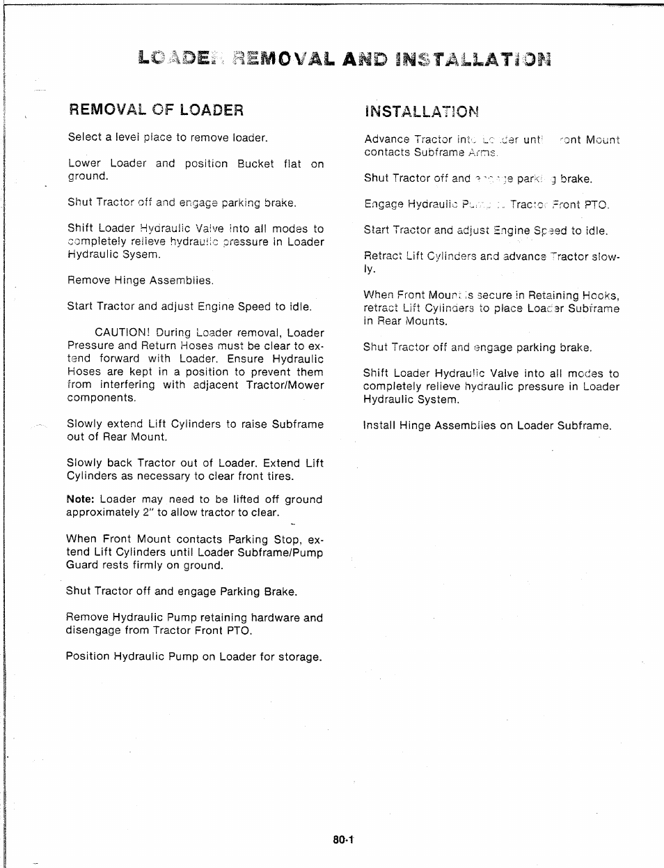 Lc '.-oe smoval amd iimstallatioil, Installation, Lc '.-oe smoval | Iimstallatioil, Removal of loader | Troy-Bilt 14066 User Manual | Page 20 / 40