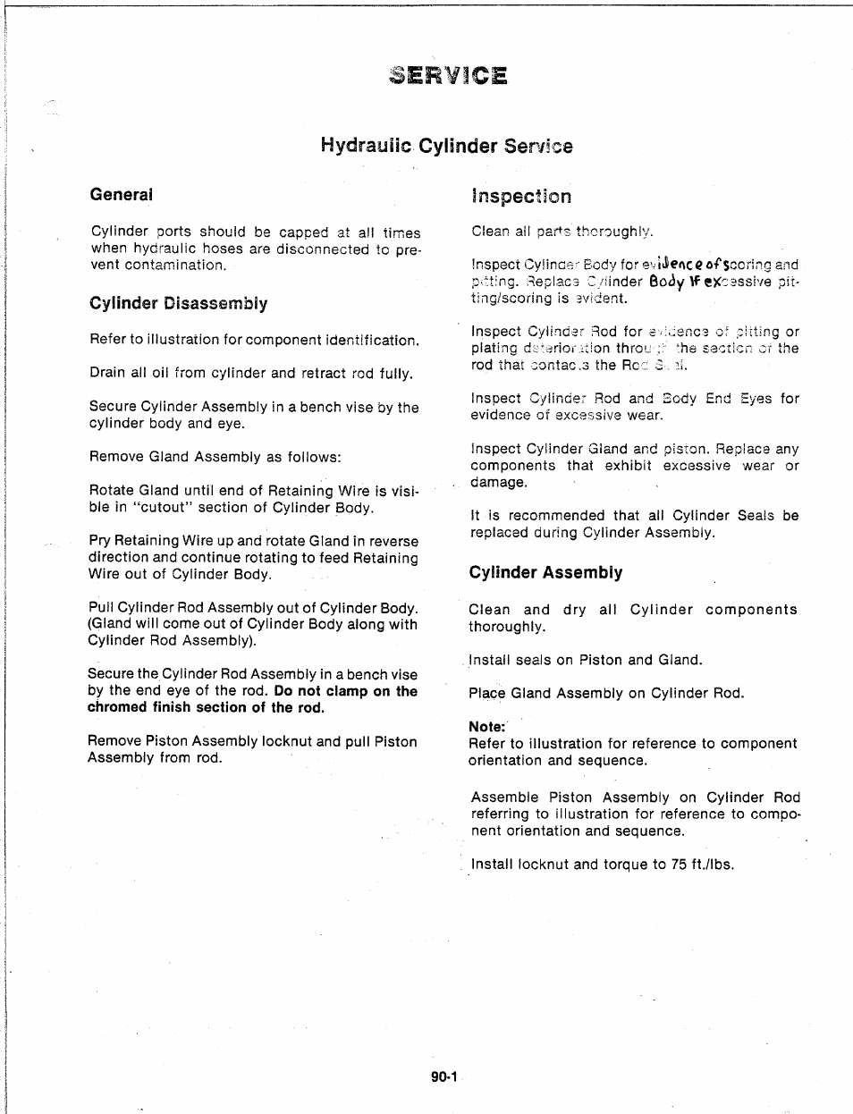 Seii¥ice, Inspectioii, Note | Hydraulic. cylinder service | Troy-Bilt 14066 User Manual | Page 24 / 40