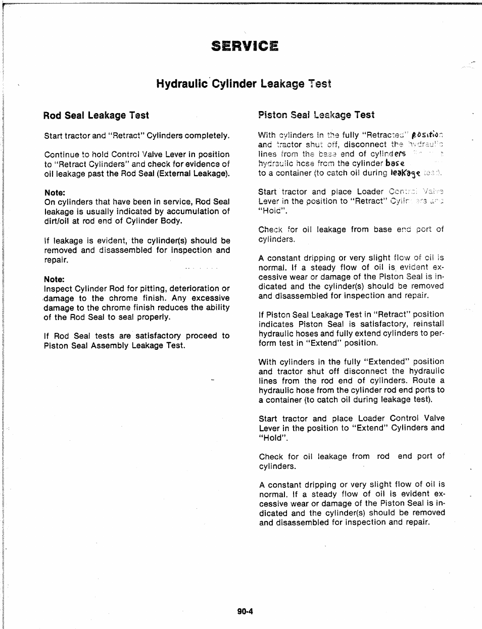 Note, Service, Hydraulic cylinder leakage test | Piston | Troy-Bilt 14066 User Manual | Page 27 / 40