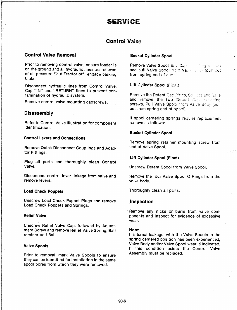 Control valve, Control valve removal, Disassembly | Control levers and connections, Load check poppets, Relief valve, Valve spools, Bucket cylinder spool, Lift cylinder spool (float), Inspection | Troy-Bilt 14066 User Manual | Page 29 / 40