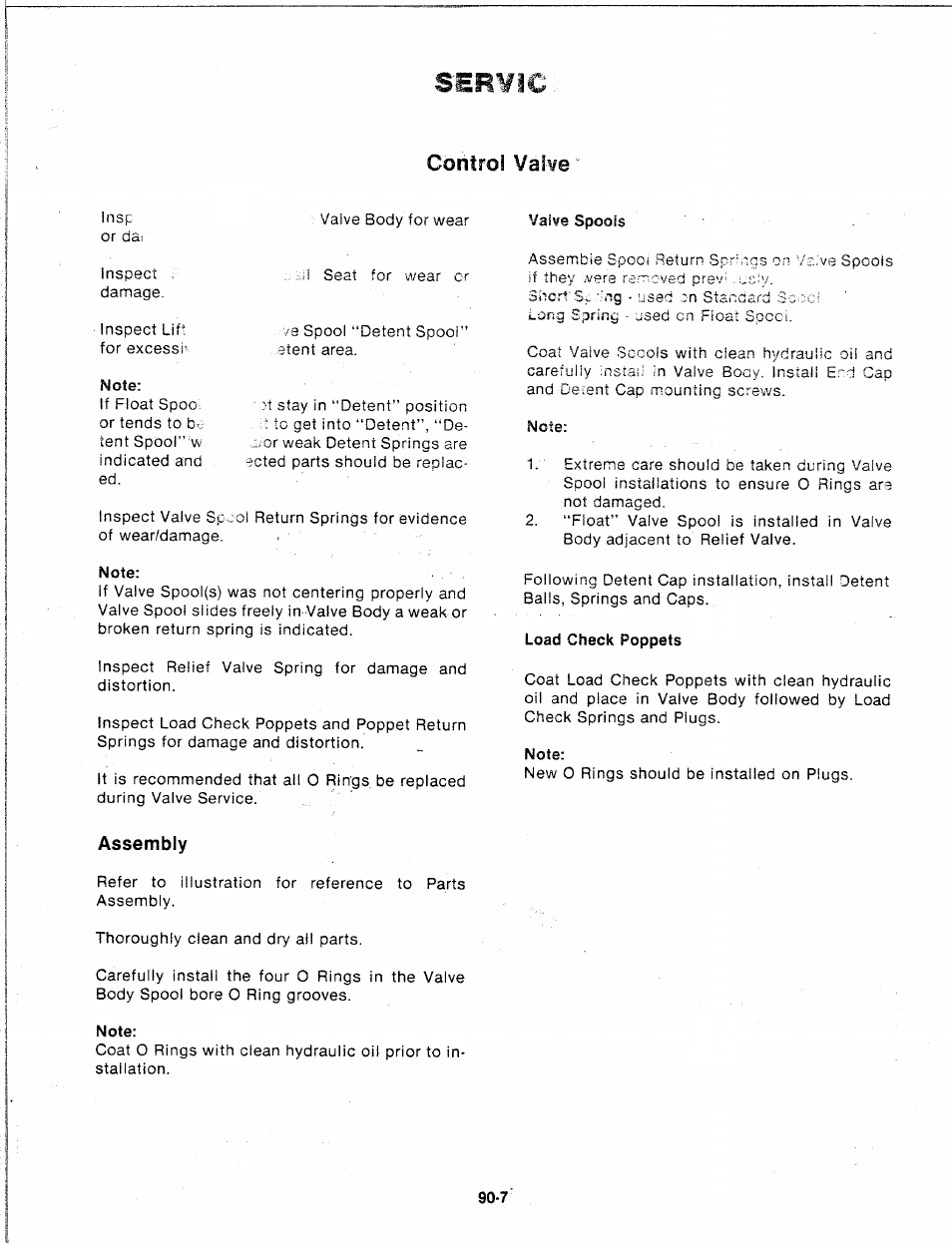 Ser¥ic, Control val¥0, Note | Load check poppets, Assembly, Control val | Troy-Bilt 14066 User Manual | Page 30 / 40