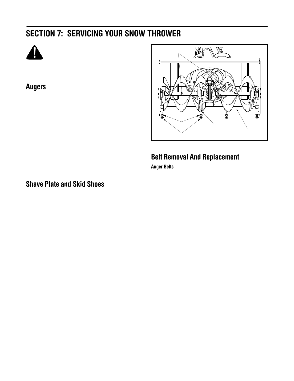 Augers, Shave plate and skid shoes, Belt removal and replacement | Troy-Bilt 31AH7T74063 User Manual | Page 14 / 28