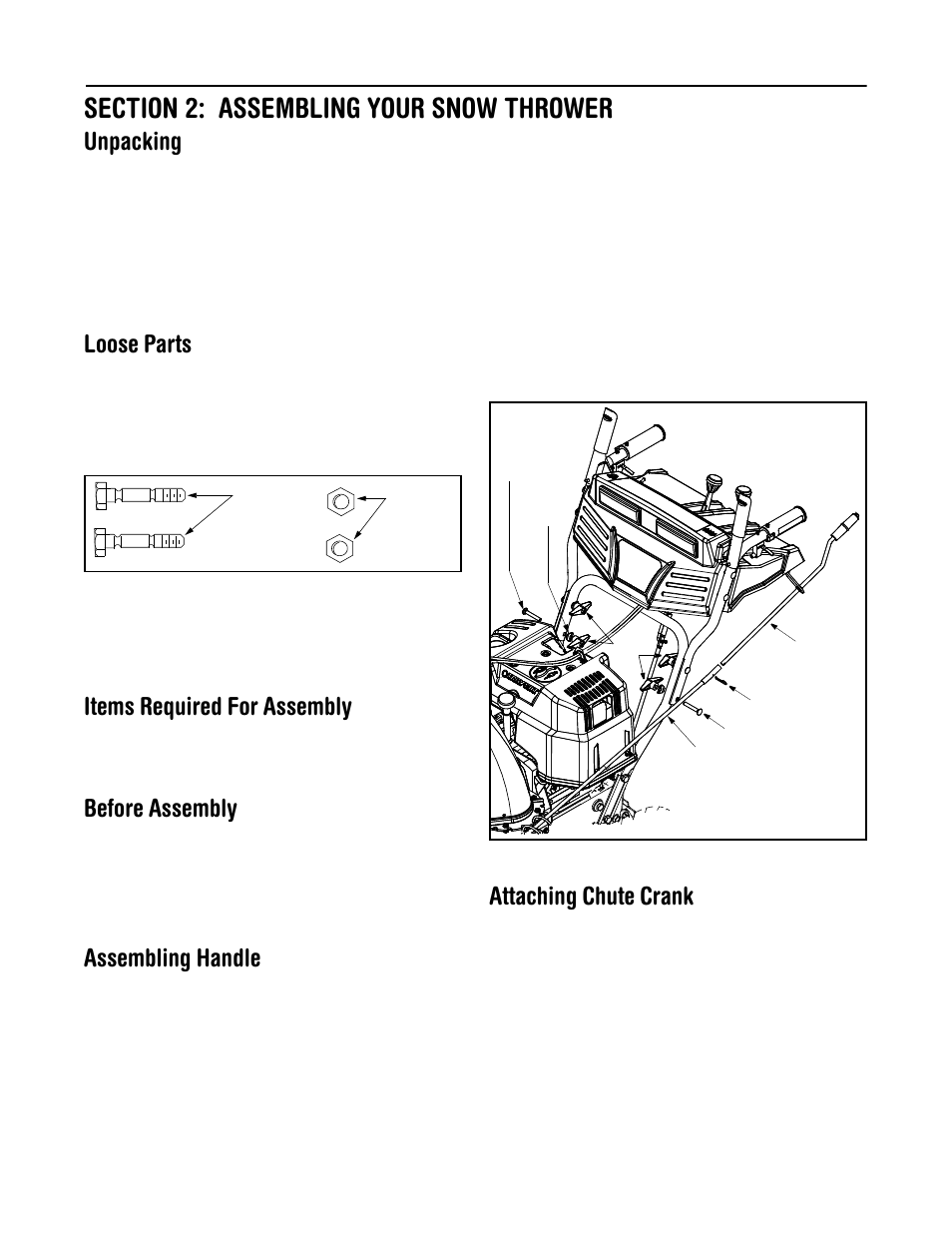 Unpacking, Loose parts, Items required for assembly | Before assembly, Assembling handle, Attaching chute crank | Troy-Bilt 31AH7T74063 User Manual | Page 5 / 28