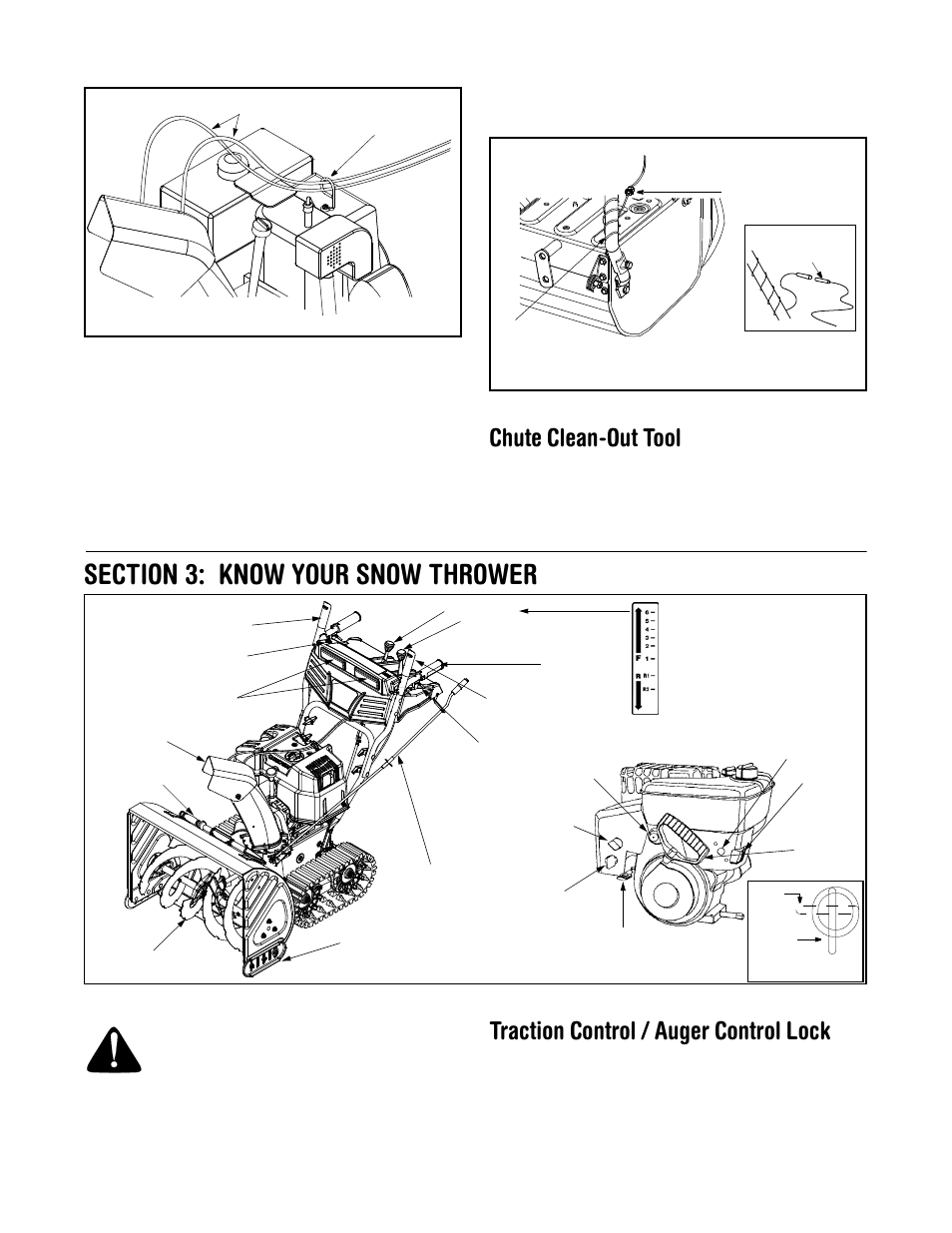 Chute clean-out tool, Traction control / auger control lock | Troy-Bilt 31AH7T74063 User Manual | Page 6 / 28