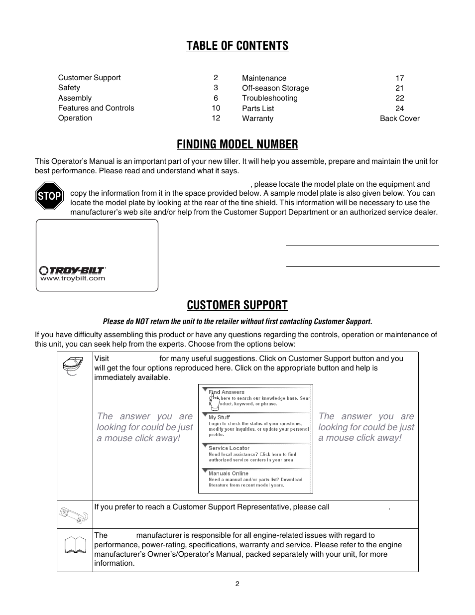 Table of contents finding model number, Customer support | Troy-Bilt 643D - Tuffy/Bronco CRT User Manual | Page 2 / 32
