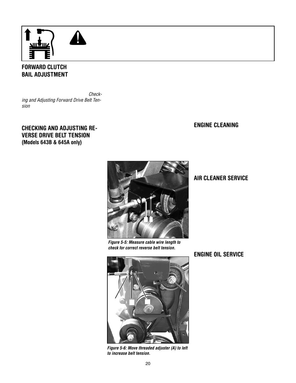 Forward clutch bail adjustment, Engine cleaning, Air cleaner service | Engine oil service | Troy-Bilt 643D - Tuffy/Bronco CRT User Manual | Page 20 / 32