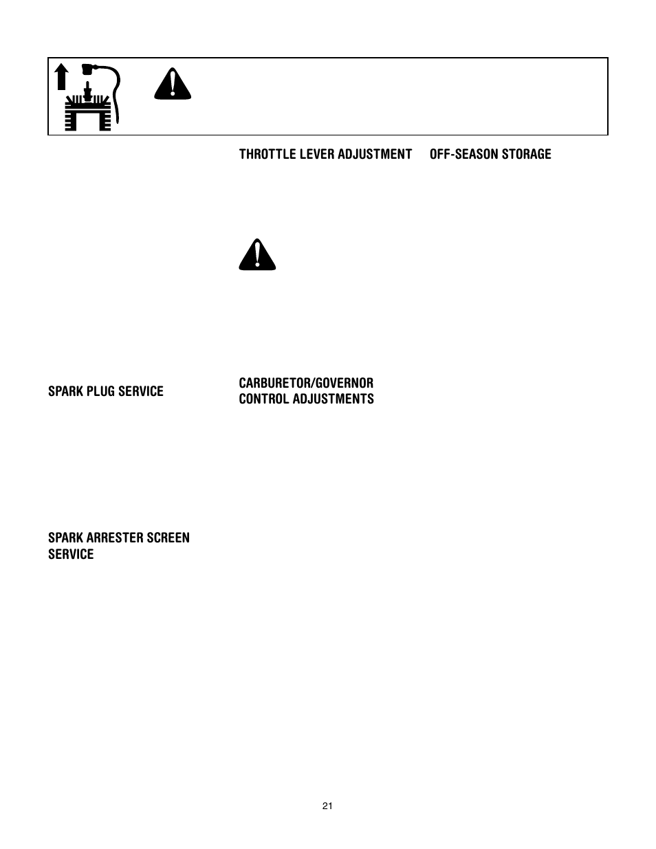 Spark plug service, Spark arrester screen service, Throttle lever adjustment | Carburetor/governor control adjustments, Off-season storage | Troy-Bilt 643D - Tuffy/Bronco CRT User Manual | Page 21 / 32