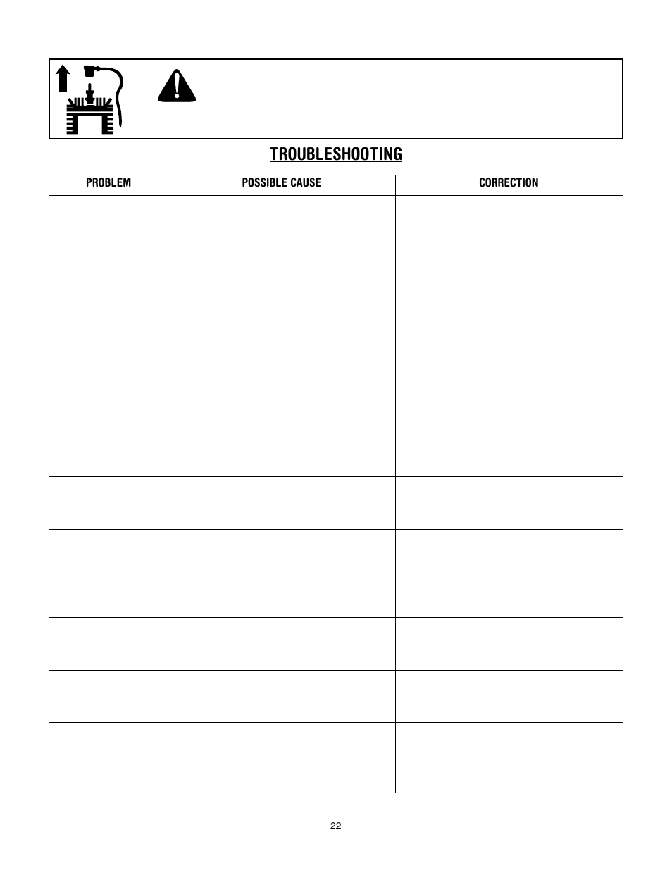 Troubleshooting, Warning, Problem possible cause correction | Troy-Bilt 643D - Tuffy/Bronco CRT User Manual | Page 22 / 32