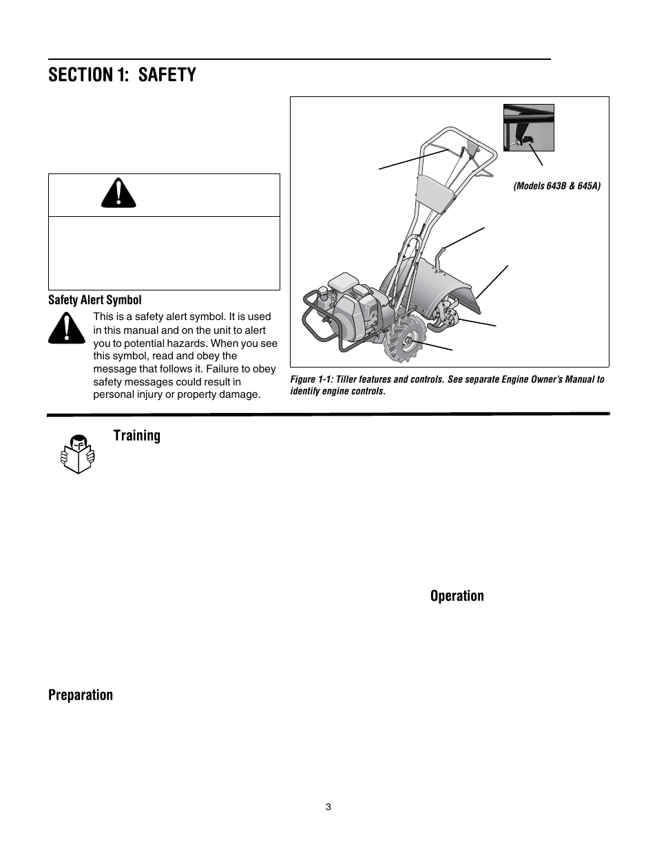 Section 1: safety, Warning, Training | Preparation, Operation | Troy-Bilt 643D - Tuffy/Bronco CRT User Manual | Page 3 / 32