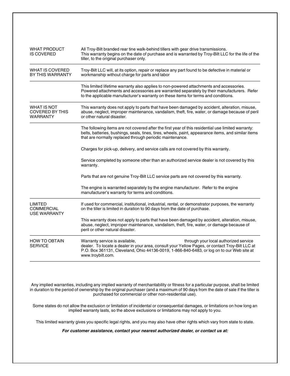 Troy-bilt tiller lifetime limited warranty | Troy-Bilt 643D - Tuffy/Bronco CRT User Manual | Page 32 / 32
