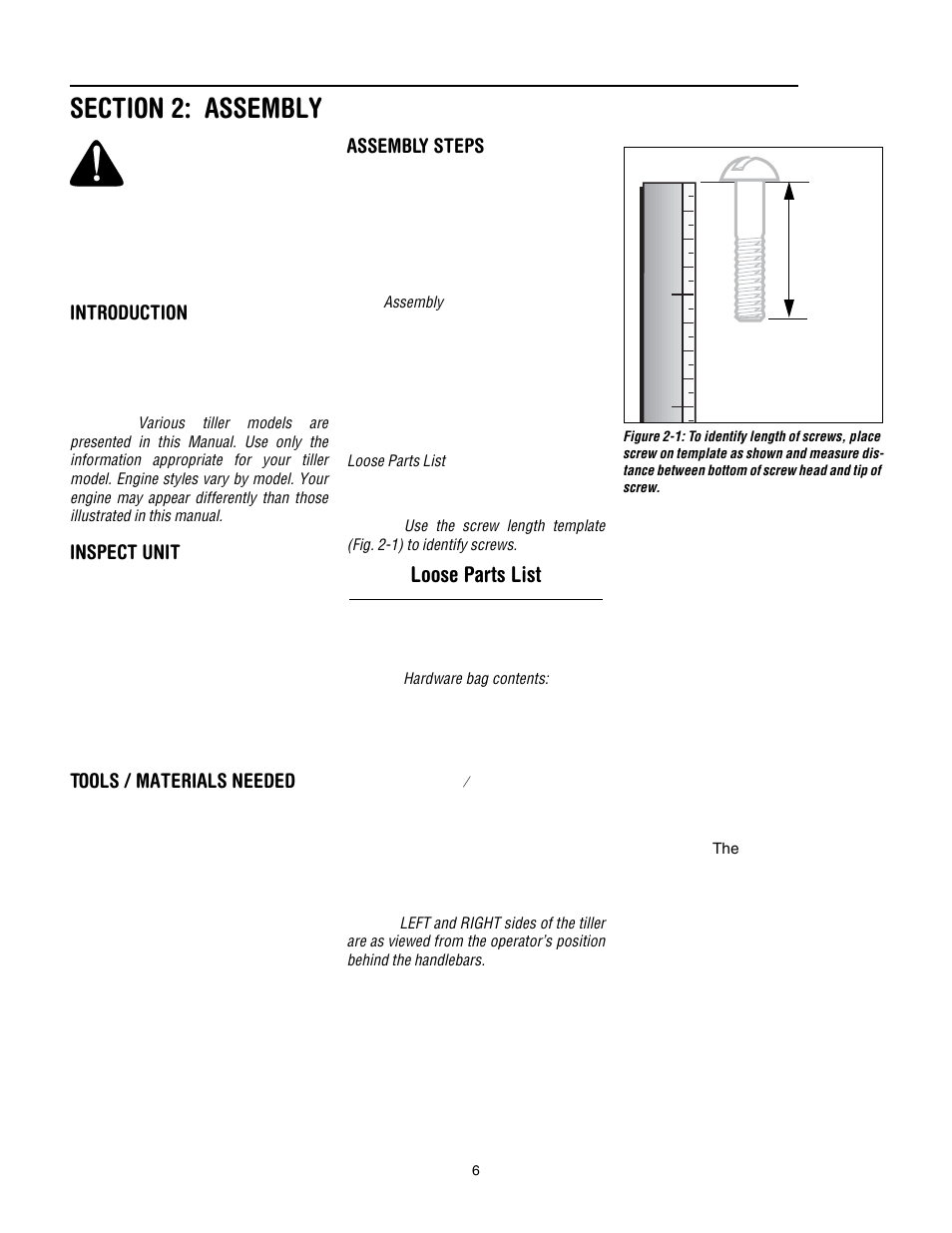Section 2: assembly, Loose parts list, Introduction | Inspect unit, Tools / materials needed, Assembly steps | Troy-Bilt 643D - Tuffy/Bronco CRT User Manual | Page 6 / 32