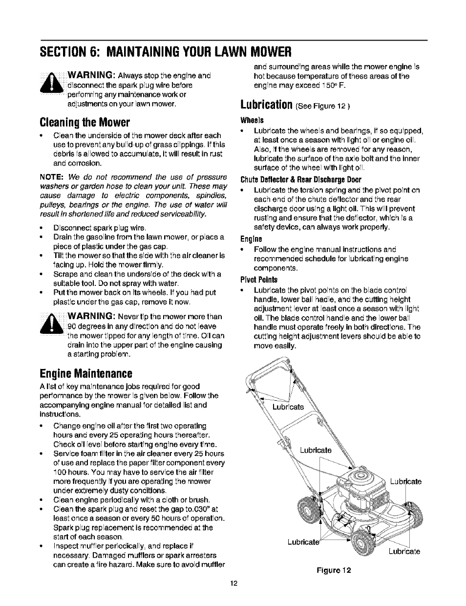 Cleaning the mower, Engine maintenance, Wheels | Chute deflector & rear discharge door, Engine, Pivot points, Lubrication | Troy-Bilt 466 User Manual | Page 12 / 20