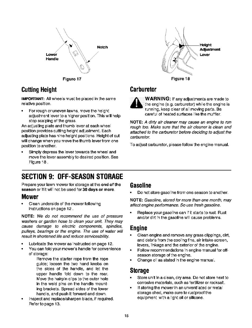 Cutting height, Section 9: off-season storage, Mower | Gasoiine, Engine, Storage, Carburetor | Troy-Bilt 466 User Manual | Page 15 / 20