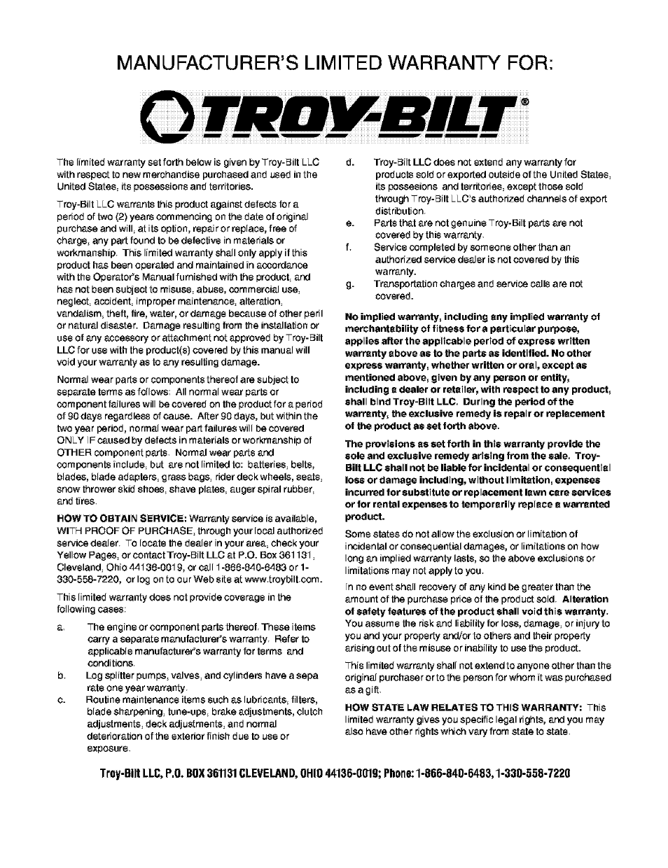 Manufacturer’s limited warranty for | Troy-Bilt 466 User Manual | Page 20 / 20