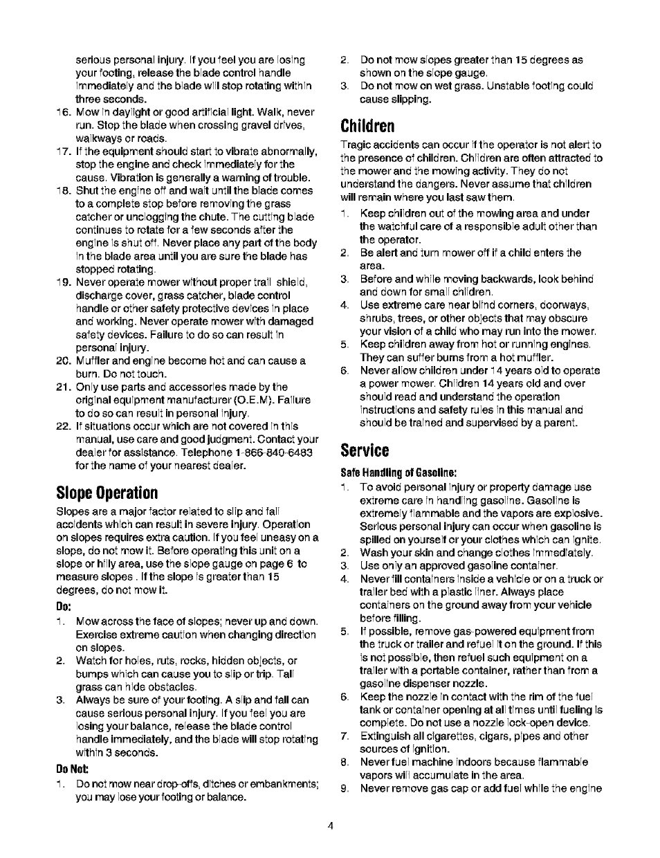 Slope operation, Do not, Children | Service, Safe handling of gasoline | Troy-Bilt 466 User Manual | Page 4 / 20