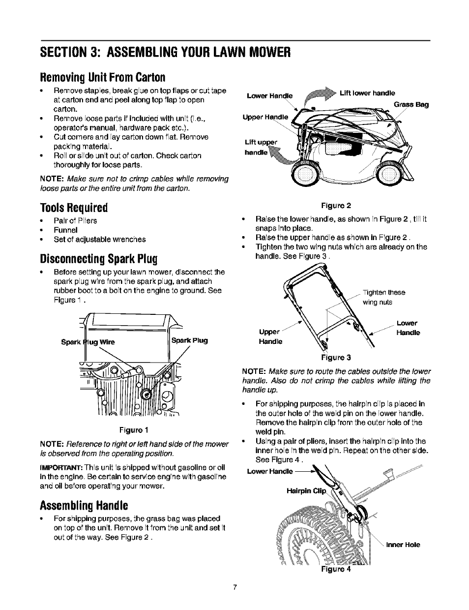 Removing unit from carton, Tools required, Disgonneeting spark plug | Assembling handle | Troy-Bilt 466 User Manual | Page 7 / 20