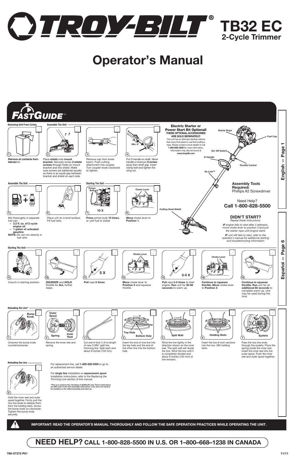 Troy-Bilt 2-Cycle Trimmer TB32 EC User Manual | 16 pages