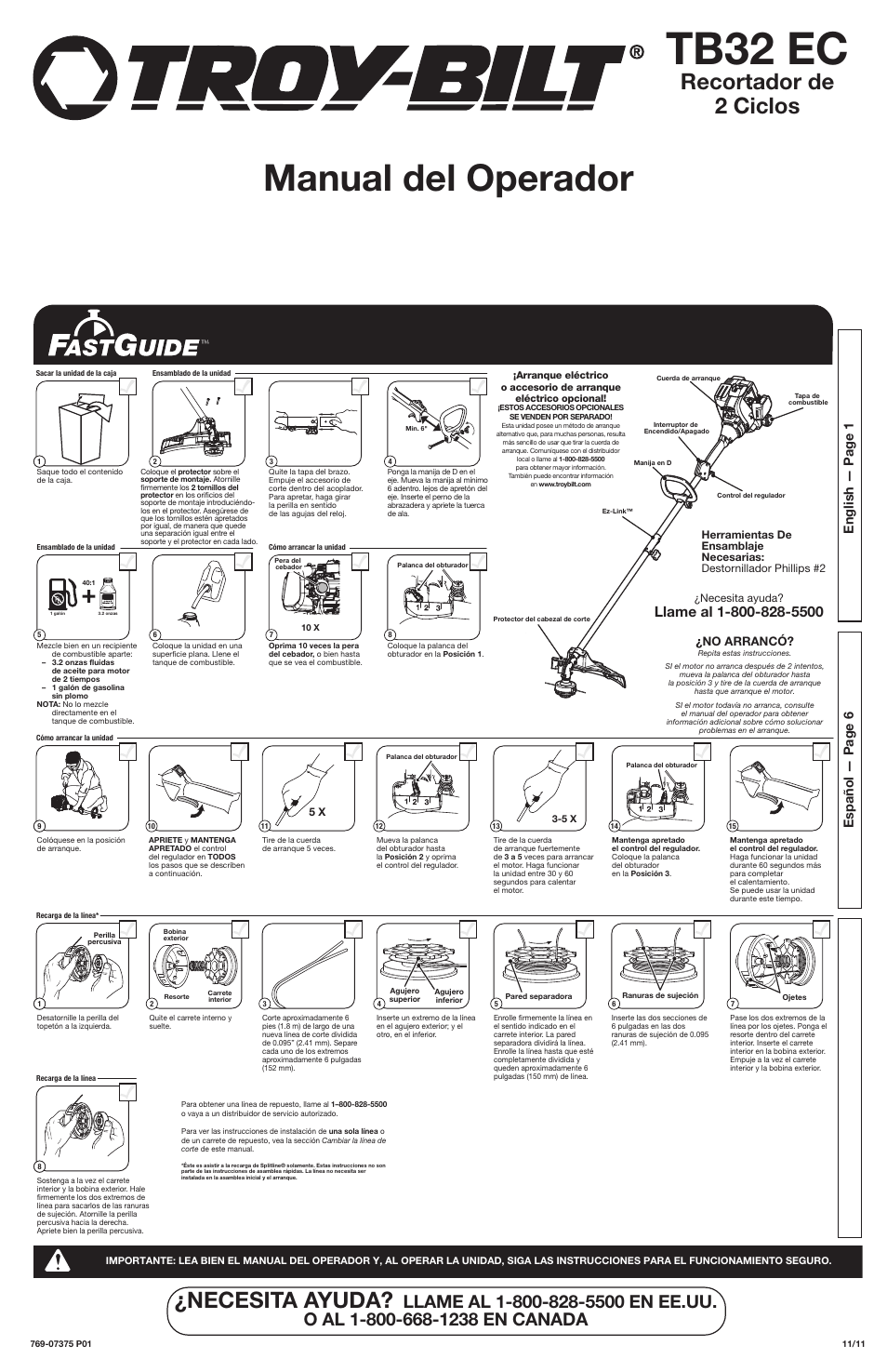 Tb32 ec, Manual del operador, Recortador de 2 ciclos | Necesita ayuda | Troy-Bilt 2-Cycle Trimmer TB32 EC User Manual | Page 6 / 16